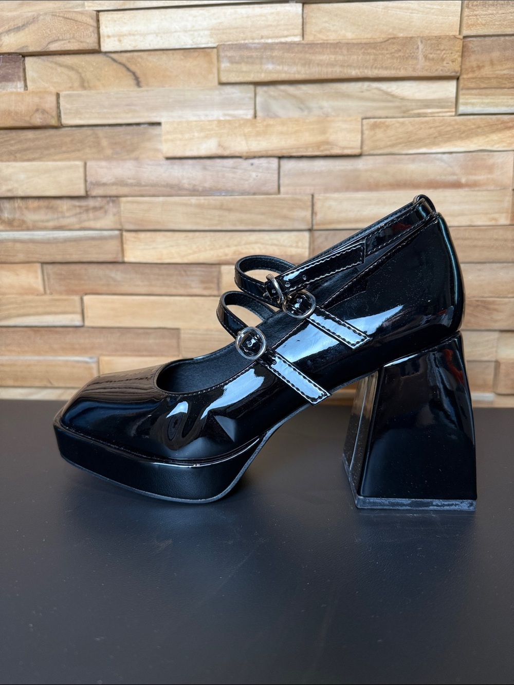 Cider Patent Leather Mary Jane Block Heel Pumps in Black